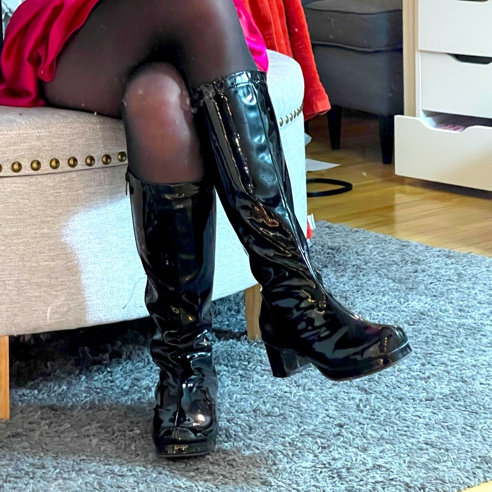 black patent leather knee high go go boots